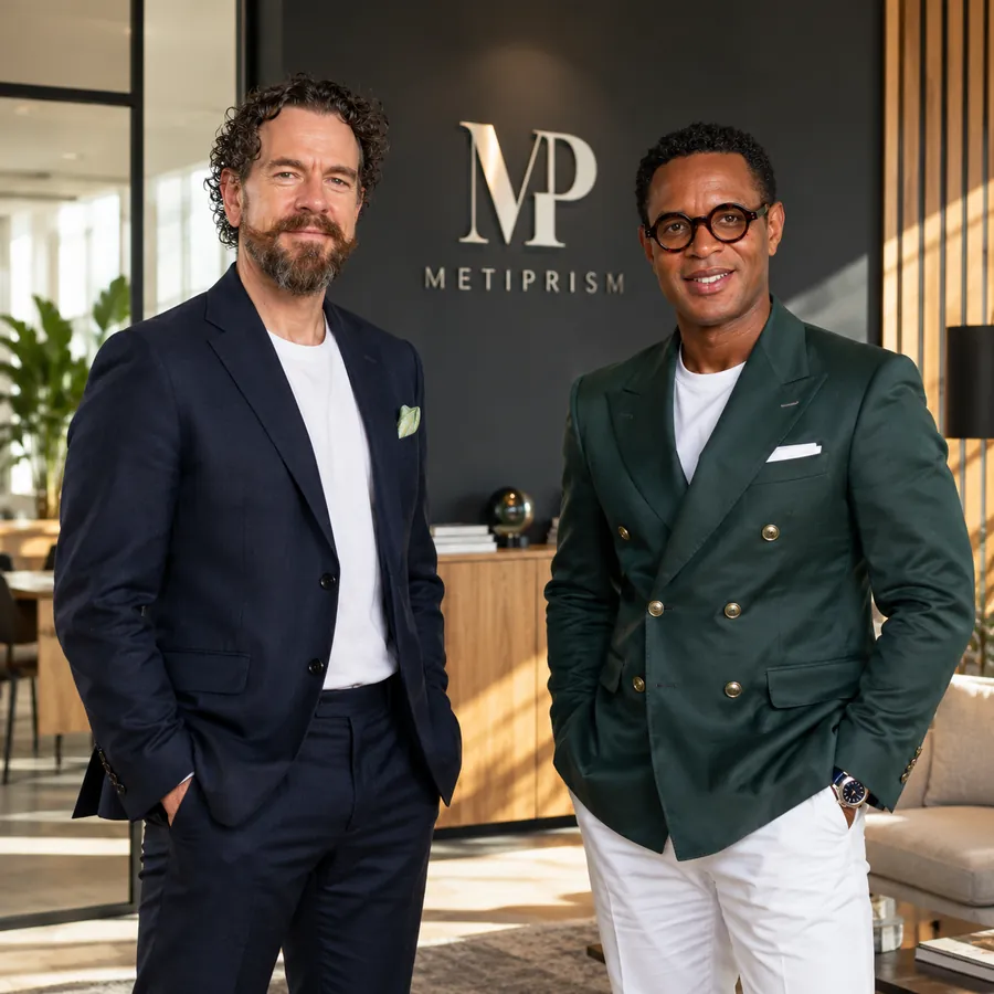 Les deux fondateurs de METIPRISM devant le logo du cabinet